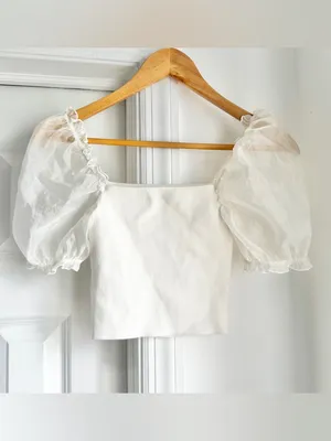 Aritzia Wilfred White Puff Sleeve Square Neck Crop Top thumbnail 3