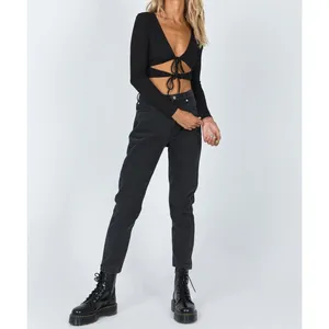Princess Polly Black Ribbed Tie Front Long Sleeve Cut Out Crop Top Womens US 4 thumbnail 5