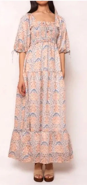 Ivy City Co. Nora Maxi Dress Floral Print Smocked Orange Blue‎ Plus Size 1X thumbnail 1