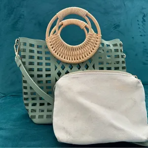 Sage green lattice purse with woven bamboo handle thumbnail 1