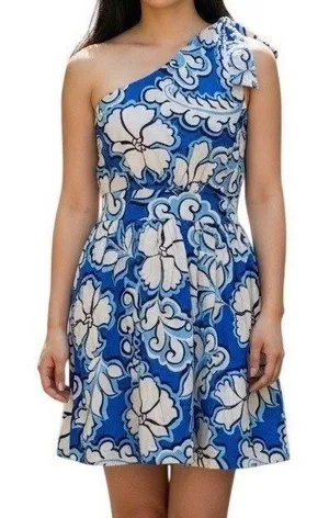 🆕 MEET ME IN SANTORI Azure Bloom Floral One Shoulder Cutout‎ Mini Dress Small thumbnail 1