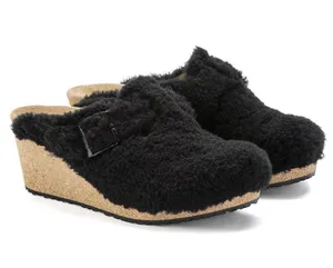 PAPILLIO by BIRKENSTOCK black teddy leather platform wedge clogs mules slip on shoes new thumbnail 1