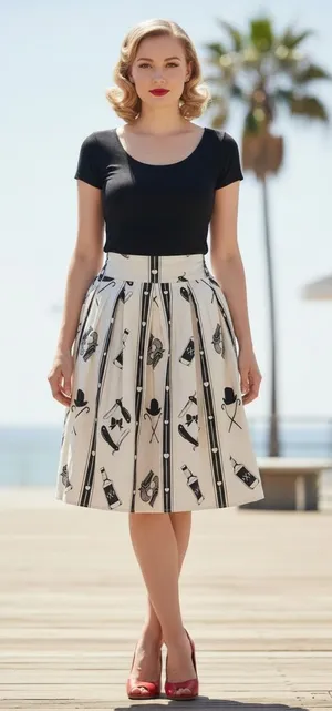 Rock Steady Cream Black Novelty Print Skirt Rockabilly Pinup XL thumbnail 1