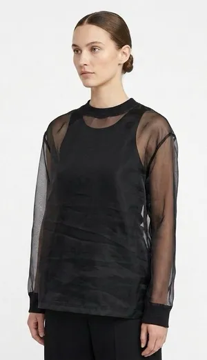 Stradivarius Black Sheer Mesh See Through Sheer Long Sleeve Top Oversize Small thumbnail 1