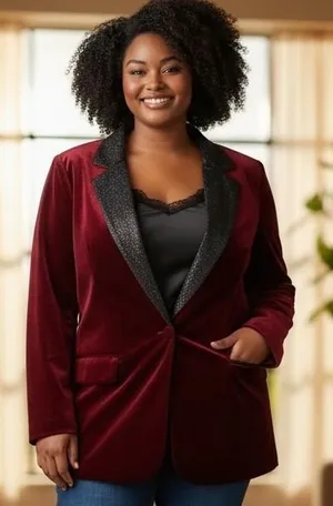 Agnes Orinda Womens 3X Burgundy Velvet Blazer Metallic Glitter Lapel Jacket NEW thumbnail 1