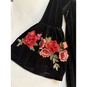 Pretty Angel Black Velvet Off The Shoulder Mini Dress Floral Embroidered Bell Sleeve Shift thumbnail 5