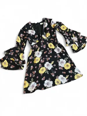Altar'd State Juliette Boho Dress Black Floral Tiered Ruffle Bell Sleeves Sz S thumbnail 5