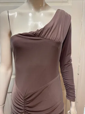 Club L London Brown Ruched Twist Bardot Maternity Midi Dress One-Shoulder Size 8 thumbnail 5
