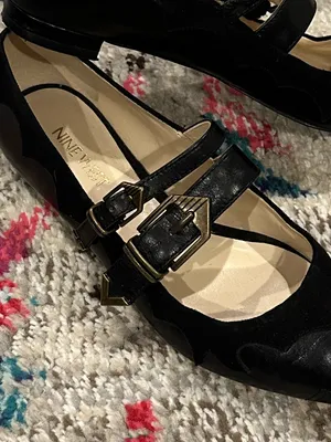 Nine West Black Pointed Double-Buckle Suede Leather Mary Jane Flats Alina 6 thumbnail 8