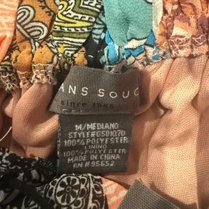 NWOT Sans Souci Off Shoulder Patch Print Maxi Dress Elastic Tie Waist M Tan Blue thumbnail 9