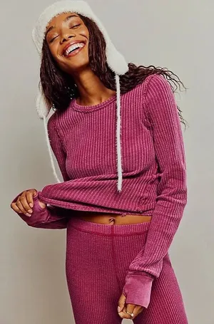 Free People Women Cotton Roll With It Thermal Small Pink Waffle Knit Soft Grunge thumbnail 1