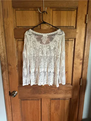 Anthropologie cream Boho Crochet Lace Long-Sleeve overlay western Top Size L thumbnail 4