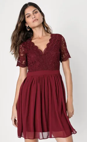Lulus Burgundy Angel In Disguise Lace Skater Mini Dress Women's Size Medium thumbnail 1
