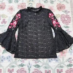 Womens Black Sheer Embroidered Floral Top Small Romantic‎ Whimsigoth Puff Sleeve thumbnail 5