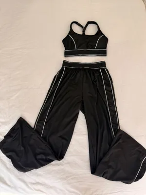 SheIn 2pc Activewear Set Black and White Stripe Pants and Sports Bra thumbnail 1