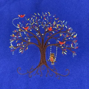 Breckenridge Cobalt Blue Sweatshirt‎ Grandma Sweater Small Tree Owl Red Birds thumbnail 2