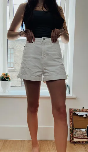 High Waisted White Denim Shorts thumbnail 2