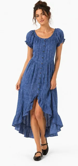 NWT Esley Off Shoulder Textured Maxi Dress Blue Boho Cottagecore Ruffle Size L thumbnail 1