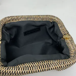 Ann Taylor Woven Weave Straw Black Neutral Snap Open Clutch Purse Bag thumbnail 4