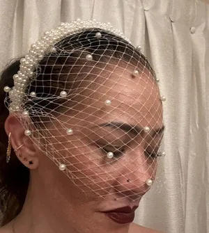 Hand made pearl headband with veil also with pearl embellishment thumbnail 1
