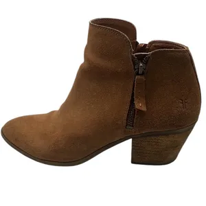 Frye Suede Ankle Boots Cognac Brown Pointed Toe Block Heel Side Zip Booties thumbnail 5