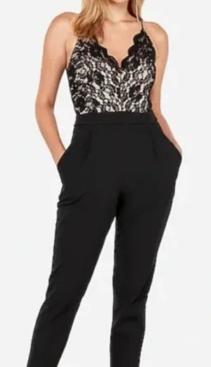 Express Black and Cream Lace Detail Top thumbnail 1