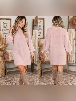 Blush Pink Plush Balloon-Sleeve Mini Dress thumbnail 2
