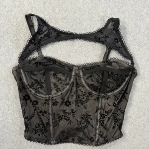 Windsor Black Velvet Floral Flocked Mesh Bustier Corset Top Size SM Adjustable thumbnail 4
