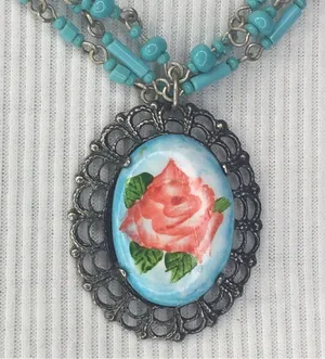 Vintage turquoise beaded painted rose pendant necklace multi strand 19” thumbnail 3