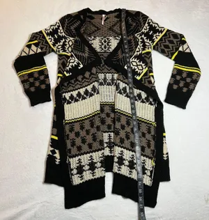 Ekklesia Open Front Knit Geometric Print Cardigan Size M/L Long Line Cozy Cotton thumbnail 6