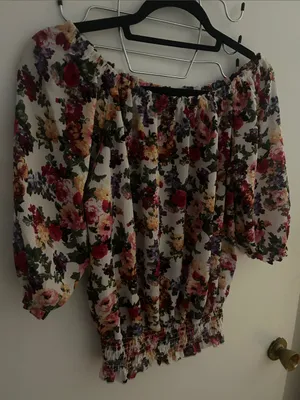 Floral Off-Shoulder Peasant Top - White with Pink & Green Floral Print Medium thumbnail 5