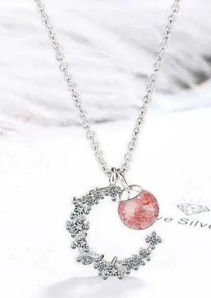 925 crescent strawberry crystal necklace women's high-end light luxury 2023 new style peach blossom clavicle chain ins lettering thumbnail 5