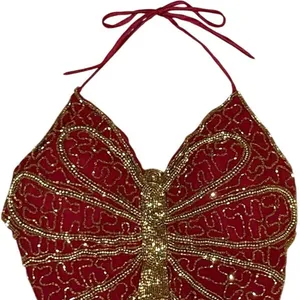 Y2K Beaded Butterfly Halter Top Red Gold Coin Fringe Festival Rave Fairycore S/M thumbnail 5