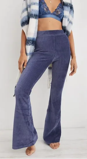 Aerie Groove-On Velour High Waisted Flare Pant Fresh Bright Blue Bell Bottom thumbnail 1