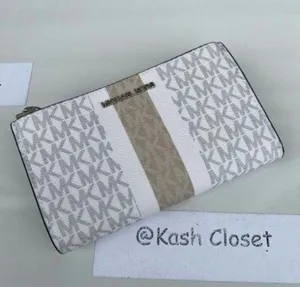 Michael Kors Light Sand Multi Double Zip Wristlet MK Signature Stripe JetSet Bag thumbnail 2