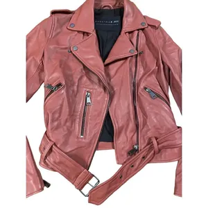 Bagatelle Women's Washed Leather Biker Moto‎ Belted Jacket in Sunset size XS thumbnail 5