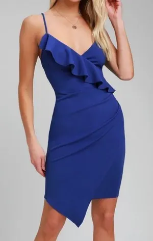 Lulus Keep on Flourishing Blue Ruffled Asymmetrical‎ Bodycon Dress XL thumbnail 1