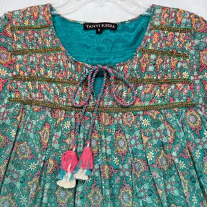 Anthropologie Tanvi Kedia Dress Bohemian Tassel Tie Rayon Green Floral Print S‎ thumbnail 5