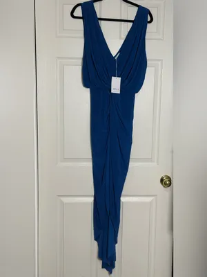MISA Los Angeles Leza Gathered Crossover Sleeveless Tulip Maxi Dress in Blue L thumbnail 3
