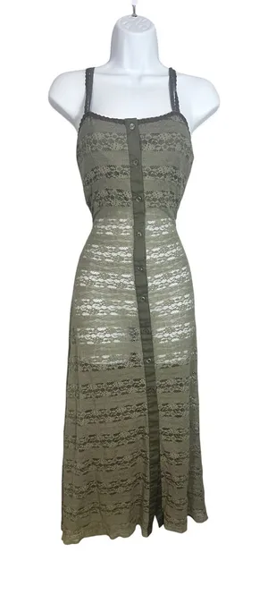 Pinkyotto New York Olive Green Sheer Floral Lace Button Front Midi Dress Small thumbnail 1
