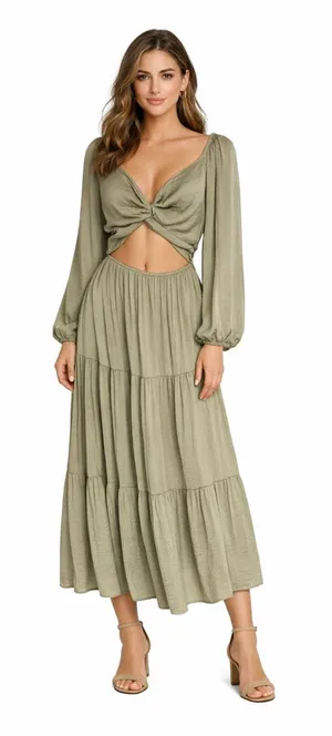 Anthropologie Mable Twist Cutout Tiered Maxi Dress Medium Green Puff Sleeve thumbnail 1