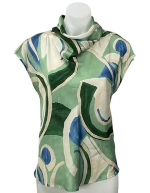 Zara Women's Green Geometric Abstract Cap Short Sleeve Cowl Blouse Top Size S thumbnail 1