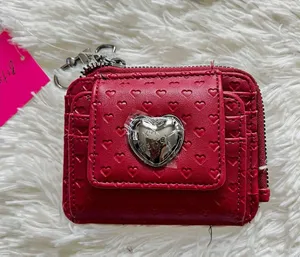 NWT Betsey Johnson Cranberry Red Embossed Hearts Card Case Wallet Keychain Clip thumbnail 1