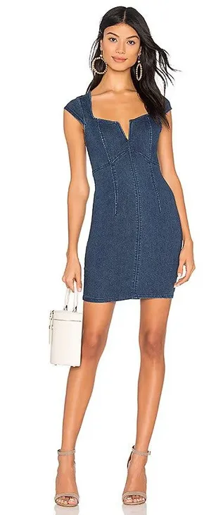 Free People Denim Jean Lia Split Neck Cap Sleeve Stretch Mini Bodycon Dress XS thumbnail 1