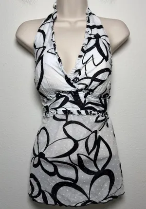 VTG y2k BCX Women Halter Neck Babydoll Top Large White Cotton Black Floral Party thumbnail 1