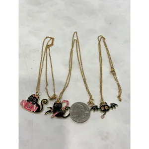 3pc Black Cat Enamel Necklace Set Halloween Spooky Cute Bat Cat Gold Tone Chain thumbnail 2