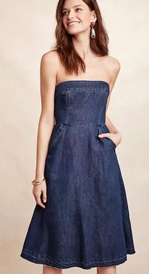Holding Horses Strapless Denim Dress Womens 4 Blue‎ Pockets Midi Fit Flare Boho thumbnail 1