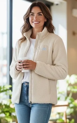 New Balance Womens Sherpa Fleece Full Zip Jacket Cream Off White Size M RN130893 thumbnail 1