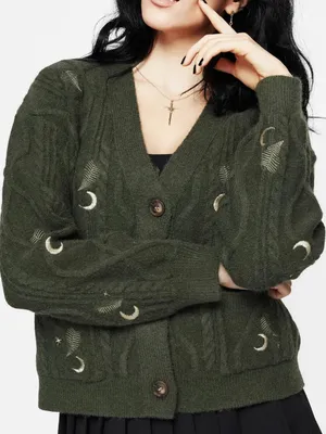 Disturbia Dianne Embroidered Cable Knit Cardigan Moon Star Fern Olive Green Knit thumbnail 1