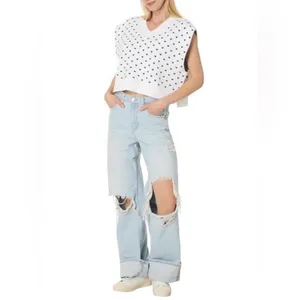 Free People Easy Street Heart Pattern V Neck Cropped Knit Sweater Vest White M thumbnail 4